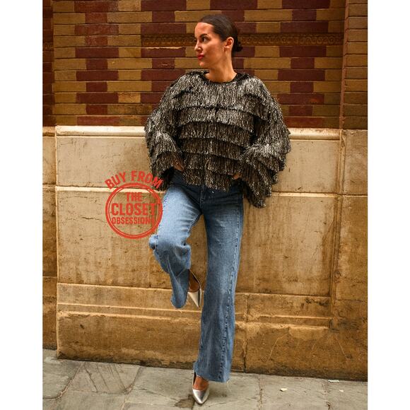 ZARA Fringed Metallic Thread Jacket NWT Silver Size S - Picture 7 of 16